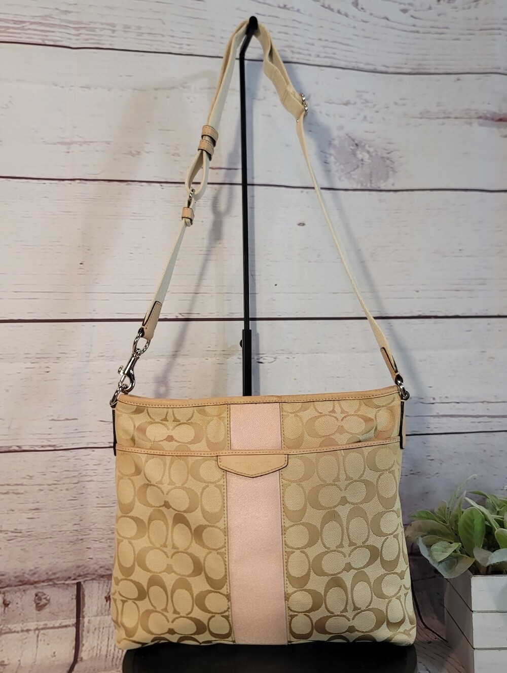 Coach Heritage Beige Signature Pale Pink Stripe Crossbody-File Bag No. F28502